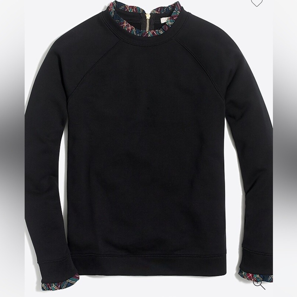 J.Crew Mercantile Black Ruffle Plaid Trim Sweatshirt Back Zip Small Pullover